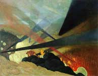 Félix VALLOTTON, Verdun, tableau de guerre interprété, projections colorées noires, bleues et rouges, terrains dévastés, nuées de gaz, 1917, huile sur toile, 114 x 146 cm, Musée de l'Armée,Paris.